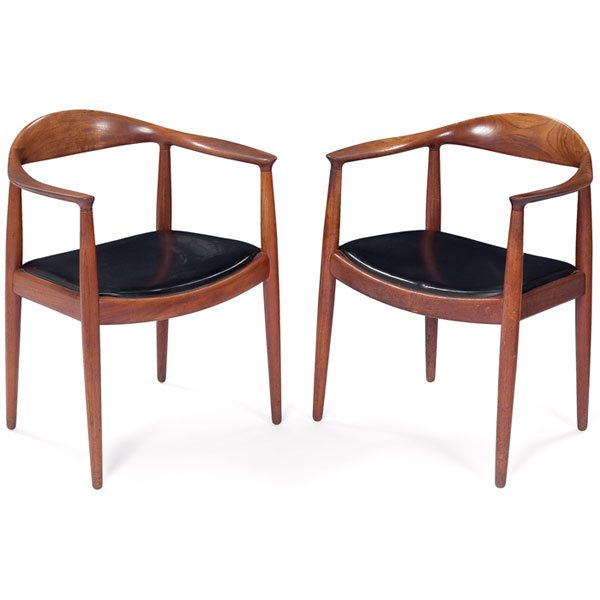 Hans Wegner "The Chair", pair: Hans Wegner "The Chair", pair, by Johannes Hansen, 1960s, teak frames with black vinyl seats, each with branded Johannes Hansen marks, original finish, 24"w x 18"d x 29.75"h, very good condition