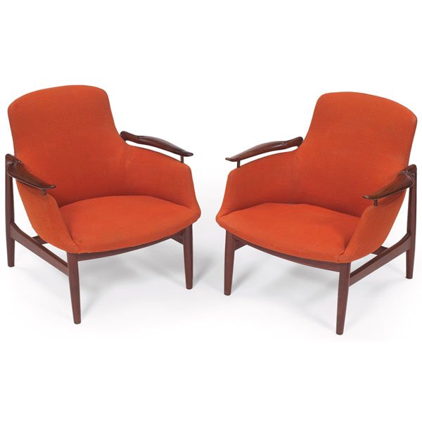 Finn Juhl Easy Chair No.53, pair: Finn Juhl Easy Chair No.53, pair, by Niels Vodder, Denmark, rosewood, suspended sculptural armrests, seats upholstered in original orange wool fabric, each with branded marks, 28.5"w x 32"d x 29.5"h,
