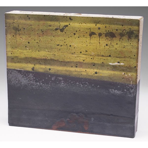 William Wyman vase, 1970: William Wyman vase, 1970, rectangular shape with a transfer design of flamingos against an abstract background, signed, 10.25"w x 9"h