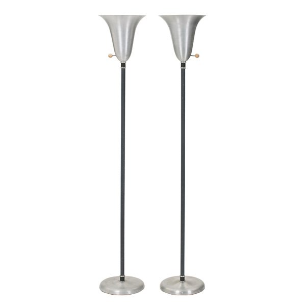 Russel Wright torchères, pair: Russel Wright torchères, pair, flaring spun aluminum shade with wrapped wire trim under shade and above base, original wood ball knob, black anodized standard, 65"h, very good condition