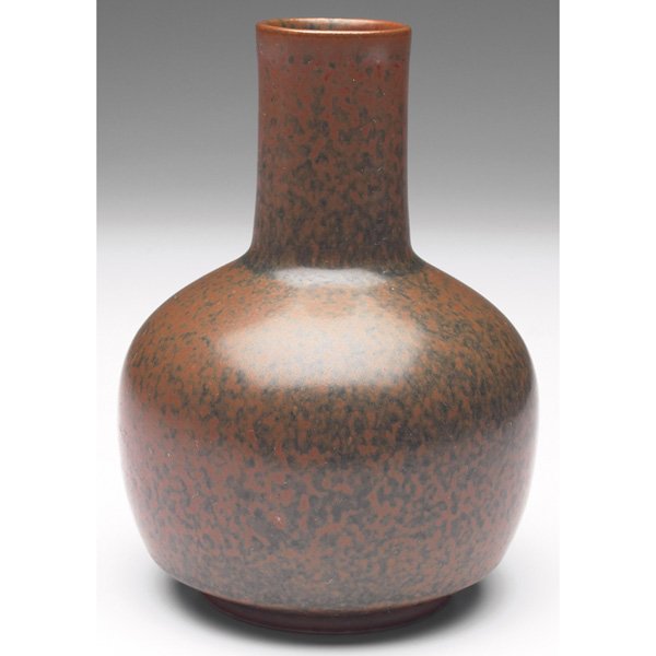 Saxbo vase, bulbous shape: Saxbo vase, bulbous shape under a mottled brown and green glaze, marked, #168, initials E.S.T.N., 4"w x 6"h