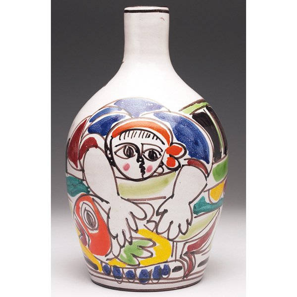 Desimone vase, Italian, colorful figure: Desimone vase, Italian, colorful figure and fish against a white background, signed, #65, 6.5"w x 11"h, minor chip to foot; with an Italian vase, attribution, (not shown), large shape in clear glass w