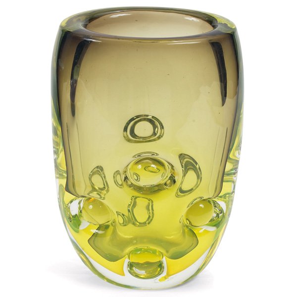 Antonio Da Ros vase, for Cenedese, Italy: Antonio Da Ros vase, for Cenedese, Italy, extremely heavy walls of green glass encased in clear, four recessed convex ball details to each side, unsigned, 7.5"w x 11.5"h, mint condition