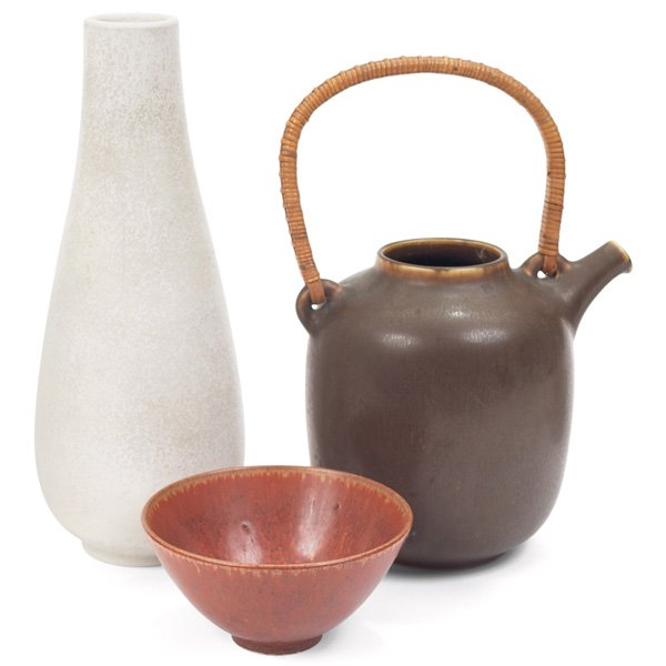 Gunnar Nylund vase and bowl, for Rorstrand: Gunnar Nylund vase and bowl, for Rorstrand, Sweden, with a Palshus teapot, Denmark, vase with white glaze, 11"h, bowl with rust glaze, 5"dia x 2.5"h, teapot with cane-wrapped handle and brown glaze, 1