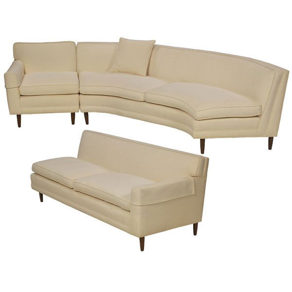Baker sectional sofa: Baker sectional sofa, attribution, three sections, tapered walnut legs, reupholstered in textured off-white fabric, unsigned, curved section: 96"w x 32"d x 28"h, straight section with one arm: 76"w x