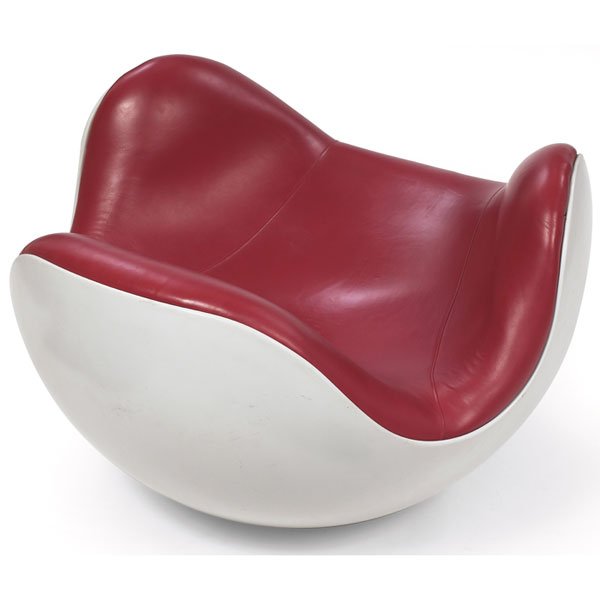 Batti (Diego Battista) "Placentero" chair: Batti (Diego Battista) "Placentero" chair, by Brion-Ai, three views shown, white fiberglass shell with rounded bottom, original dark red upholstery, Argentinean designer Batti has stated that the chai