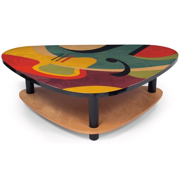 Post-Modern marquetry coffee table: Post-Modern marquetry coffee table, USA, boomerang-shaped top composed of exotic and stained woods over metal legs with a lower wood shelf, original protective glass to top (not shown), hand-signed by