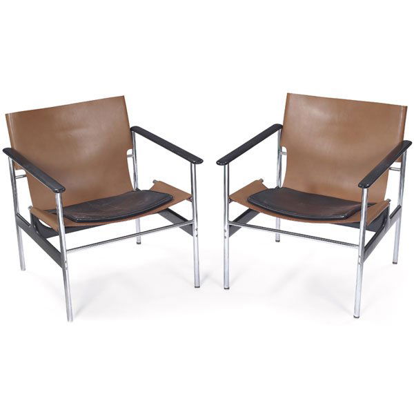 Charles Pollock chairs, pair, by Knoll: Charles Pollock chairs, pair, by Knoll, original tan leather sling seats with padded removable black leather seat cushion, black coated armrests over a polished steel frame, Knoll label to each, 25"w