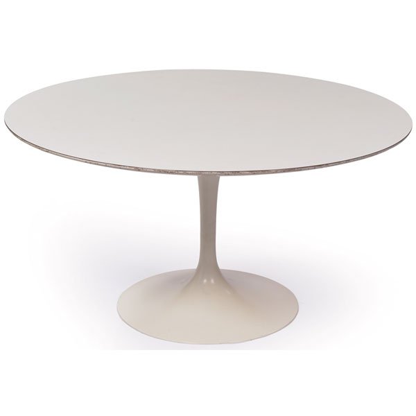 Eero Saarinen dining table, by Knoll: Eero Saarinen dining table, by Knoll, 1950s, round top with beveled edge and original white laminate surface over a white coated metal base, early Knoll Associates label, original finish, 54"dia x 29"