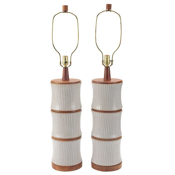 Gordon and Jane Martz table lamps, pair: Gordon and Jane Martz table lamps, pair, for Marshall Studios, walnut bases with white ceramic with incised vertical lines, original finish, original wood finals, 24"h, no chips, excellent condition