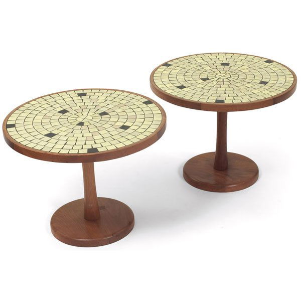 Gordon and Jane Martz tile-top tables, pair: Gordon and Jane Martz tile-top tables, pair, for Marshall Studios, walnut bases with inset yellow and black tiles, original finish, each: 24"dia x 18"h, no chips, very good original condition