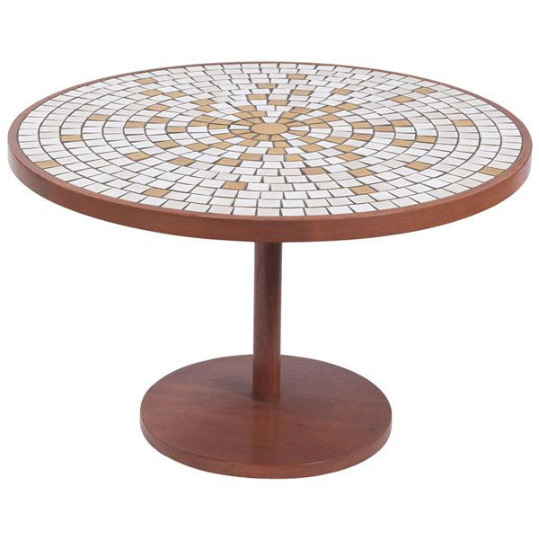 Gordon and Jane Martz tile-top coffee table: Gordon and Jane Martz tile-top coffee table, for Marshall Studios, walnut base with inset white and tan tiles, original finish, stamped "Marshall Studios Veedersburg Ind.", 31.5"dia x 19.5"h, excellen