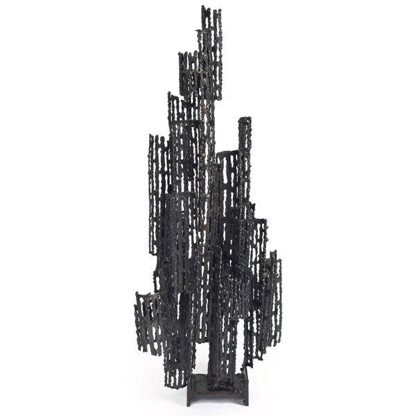 Marcello Fantoni candleholder/sculpture: Marcello Fantoni candleholder/sculpture, Italy, for Raymor, abstract form composed of curved welded steel sections with perforations over a steel base, five candleholder platforms, signed with impress