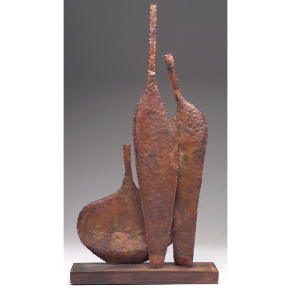 Marcello Fantoni sculpture, Italy: Marcello Fantoni sculpture, Italy, hammered copper shapes, marked FANTONI FIRENZE, RAYMOR, original patina, mounted on a wooden base, 13"w x 24"h