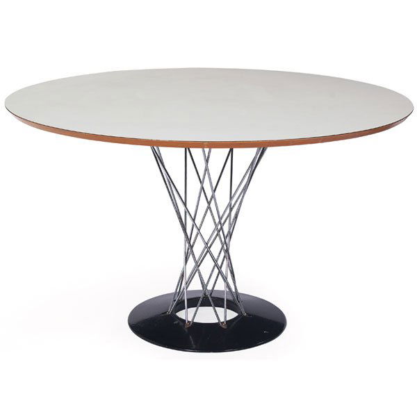 Isamu Noguchi dining table: Isamu Noguchi dining table, by Knoll Associates, 1950s, original white laminate top over birch plywood, black iron base, original finish, signed with Knoll Associates label, 47.5"dia x 29"h, excellent