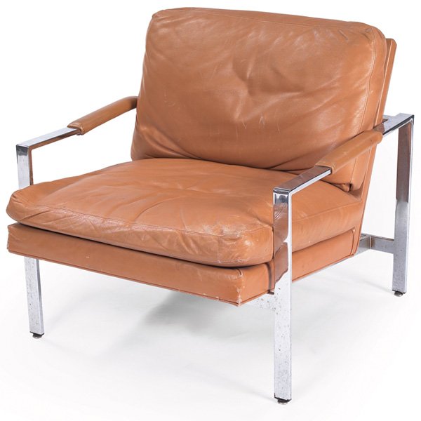 Milo Baughman lounge chair, by Thayer Coggin: Milo Baughman lounge chair, by Thayer Coggin, chromed metal frame original tan leather upholstery and padded armrests, unsigned, 29"w x 32"d x 28"h, very good condition