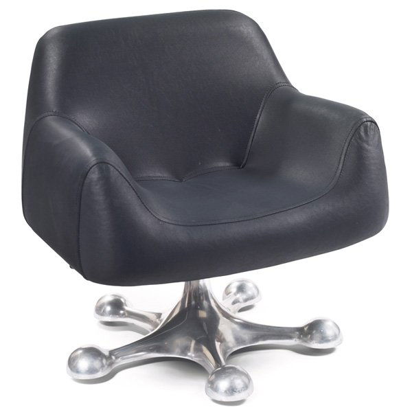 Ray Wilkes lounge chair, by Herman Miller: Uncommon Ray Wilkes lounge chair, by Herman Miller, molded foam seat over polished aluminum 5-point base with hidden castors, tilt/swivel, Herman Miller label, original black upholstery, 30"w x 25"d x