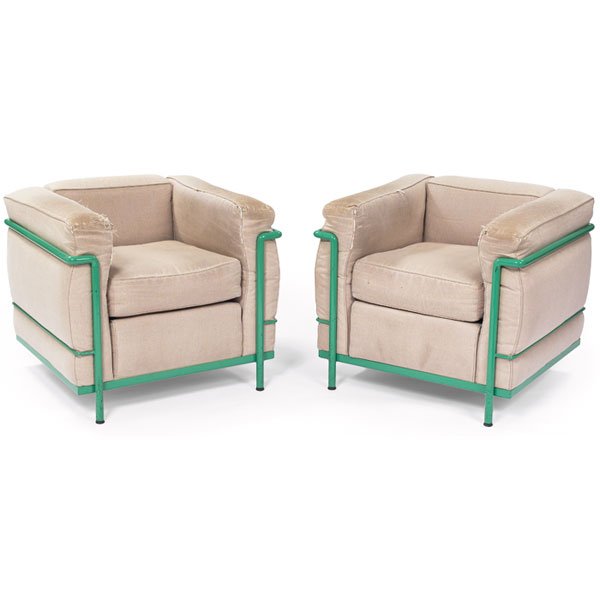 Le Corbusier LC 2 chairs, pair, by Cassina: Le Corbusier LC 2 chairs, pair, by Cassina, canvas cushions in a bright green chromed enameled steel frame, impressed marks "Le Corbusier LC 2" and serial number to each, 30"w x 28"d x 26"h, wear to f
