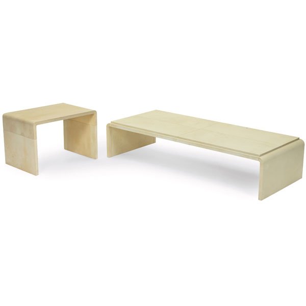 Mattaliano vellum tables, pair: Mattaliano vellum tables, pair, in the manner of Samuel Marx, vellum over wood, rounded corners leading to slab sides, one with Mattaliano Chicago metal tag, large: 57"w x 23"d x 12"h, side table: 24"