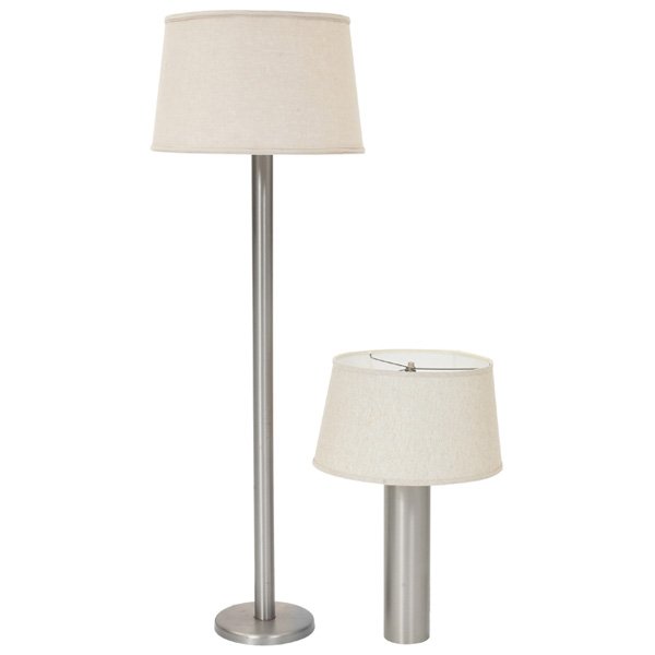 George Kovacs lamps, pair, floor lamp: George Kovacs lamps, pair, floor lamp and table lamp, 1999, brushed steel, original shades, Kovacs label to each, floor lamp: 58.5"h, table lamp base: 16"h, very good condition