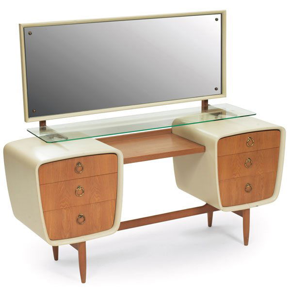 1950s vanity, double pedestal form with six drawe: 1950s vanity, double pedestal form with six drawers, leatherette-wrapped drawer banks and matching adjustable mirror, glass shelf, original finish, vanity: 57"w x 19"d x 26"h, mirror: 47.5"w x 19"h, v