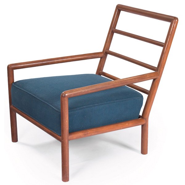 T.H. Robsjohn-Gibbings lounge chair: T.H. Robsjohn-Gibbings lounge chair, by Widdicomb, bleached mahogany, rounded dowel frame with slats to back, removable blue cushions (back cushion not shown), original finish, 26.5"w x 27"d x 32"h, r