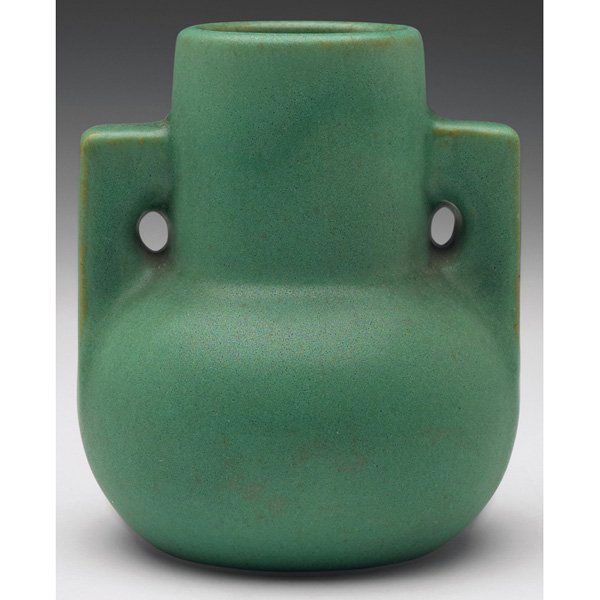 Teco vase, double handled shape: Teco vase, double handled shape, covered in a good green matte glaze, impressed marks, 3.25"w x 3.75"h