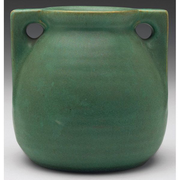 Teco vase, double handled shape: Teco vase, double handled shape, covered in a good green matte glaze, impressed marks, 4"w x 3.75"h