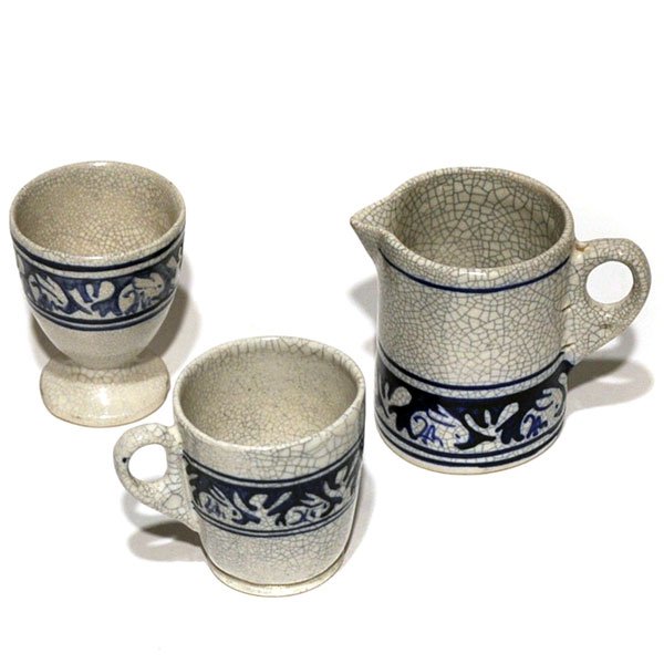 Dedham Pottery two handled vessels and egg cup, dec: Dedham Pottery two handled vessels and egg cup, lot of three, all decorated with rabbits, tallest: 3"h, marked