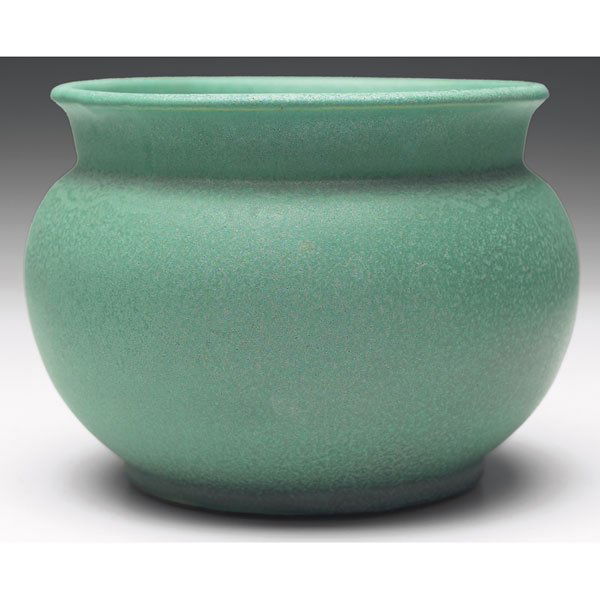 Teco vase, designed by N.L. Clark, #180: Teco vase, designed by N.L. Clark, #180, bulbous shape with a turned-down lip, covered in a good green matte glaze, impressed marks, 6"w x 4"h, hairlines to rim