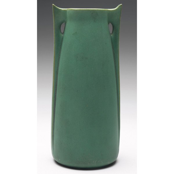 Teco vase, #266: Teco vase, #266, designed by W.B. Mundie, double handled shape, under a good green matte glaze, impressed marks, 4.5"w x 11"h