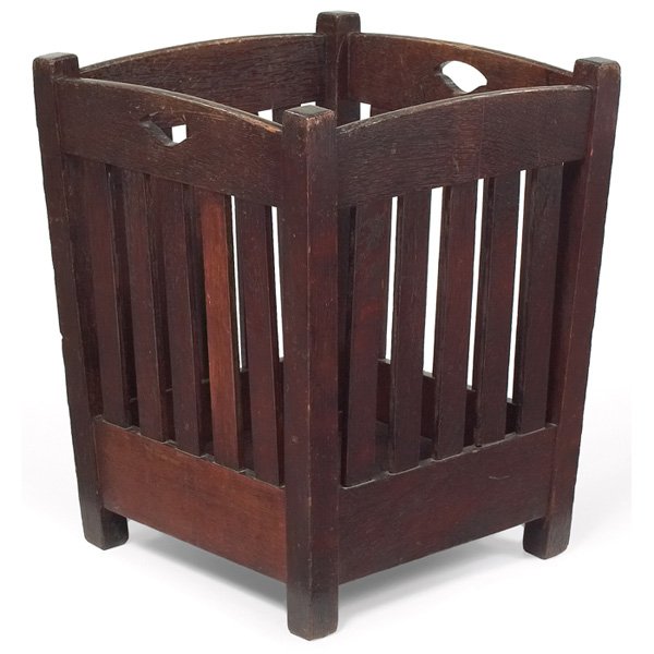 Stickley Brothers wastebasket, #80: Stickley Brothers wastebasket, #80, slatted and canted form with hand-hold cut-outs at sides, lightly re-coated original finish, unsigned, 14.5"w x 14.5"d x 18"h, very good condition