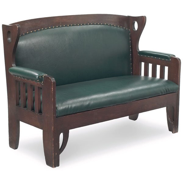 Arts and Crafts hall bench: Arts and Crafts hall bench, cut-out details at back and base, recovered seat and back cushion, original finish, 54.5"w x 24"d x 38"h, very good condition