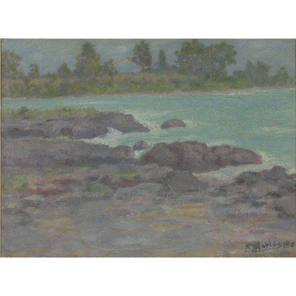 E.T. Hurley painting, "Shore Scene,": Unusual E.T. Hurley painting, c. 1901, "Shore Scene," oil on paper, signed, framed, 8.5" x 11.5"