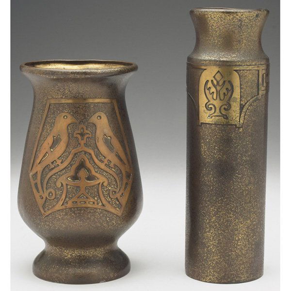 Silvercrest vases, two, decorated bronze, both wit: Silvercrest vases, two, decorated bronze, both with applied designs, original patinas, both marked, #2006 and #3013, largest is: 2.5"w x 8.25"h