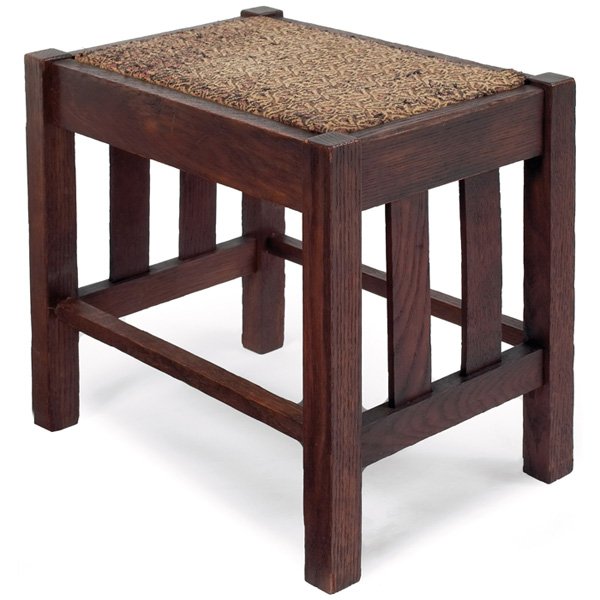 Arts and Crafts footstool: Arts and Crafts footstool, recovered top over two slats at each side, refinished, 18"w x 12"d x 15.5"h, good condition