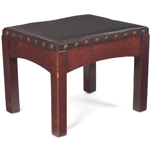 Stickley Brothers footstool, leather top over arch: Stickley Brothers footstool, attribution, leather top over arched rails, refinished, 19.5"w x 15.5"d x 15"h, good condition
