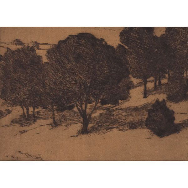 E.T. Hurley etching, "In Eden Park": E.T. Hurley etching, "In Eden Park", printed on brown paper 1911/1912, 6" x 8.25", early and unusual work, excellent condition
