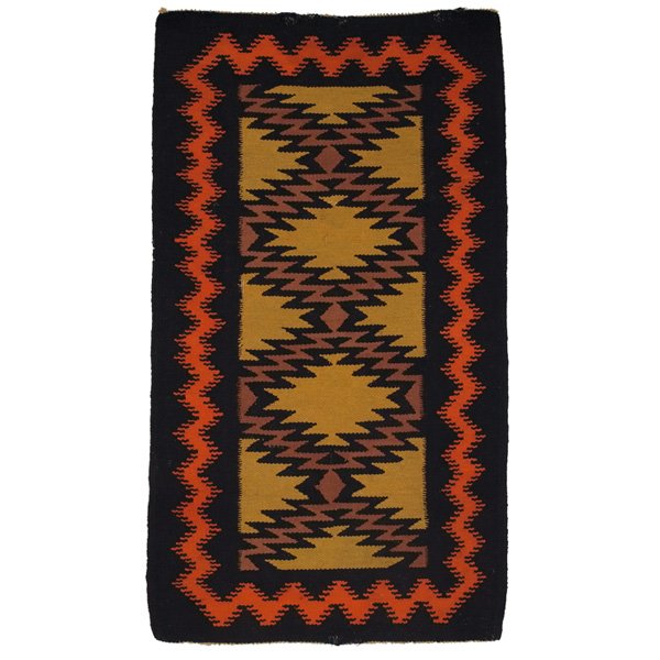 Gustav Stickley drugget rug: Gustav Stickley drugget rug, c. 1910, zig-zag pattern in brown, orange and yellow, minor wear and damage, 32" x 58", good condition
