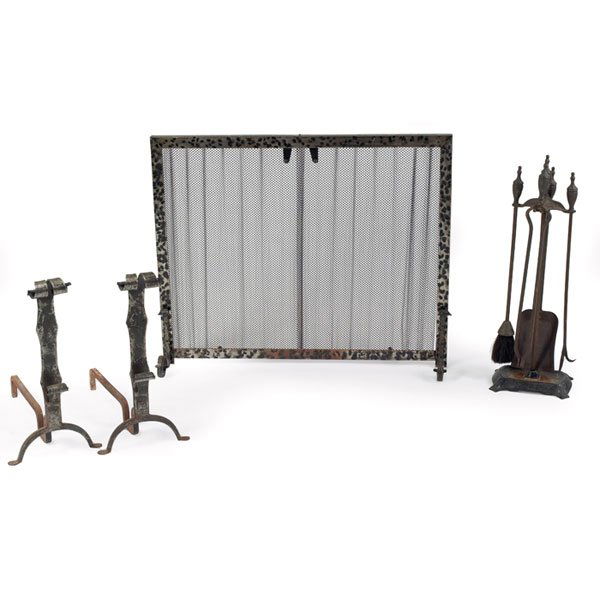 Arts and Crafts fire set: Arts and Crafts fire set, assembled set in wrought iron consists of screen, andirons and tool set, fire screen: 39"w x 8"d x 31"h, good condition