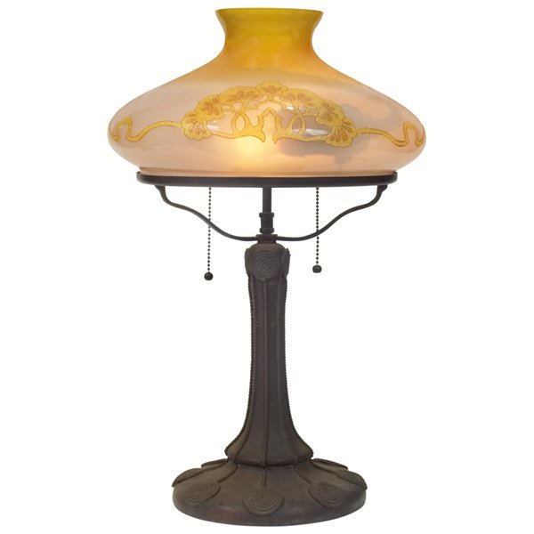 Handel Tam O'Shanter lamp, frosted glass shade wit: Handel Tam O'Shanter lamp, frosted glass shade with obverse painted stylized floral design on a two-socket base with applied rope details, shade signed and numbered 2945, base signed, 14"dia x 19"h