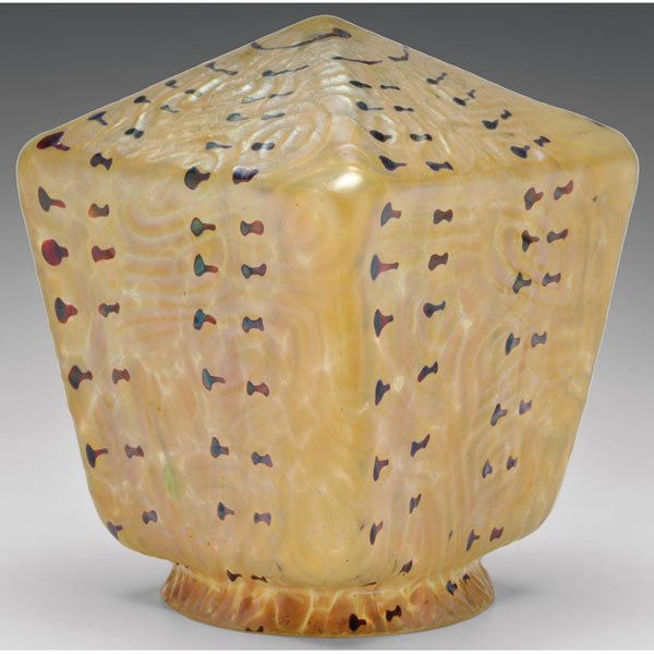 Loetz shade: Loetz shade, attribution, unusual shape in gold glass with colorful iridescent designs, unmarked, 4.5"w x 5.75"h