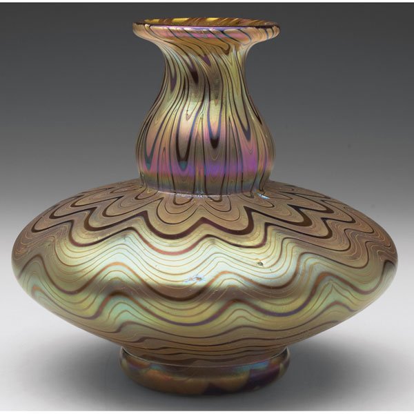 Loetz vase, waisted shape in purple glass: Loetz vase, waisted shape in purple glass with a golden design, signed, 5.5"w x 5.25"h