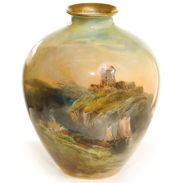 Royal Doulton vase, hand painted scene with lamber: Royal Doulton vase, hand painted scene with lambert castle, signed J. L. Plant, 5.5"h
