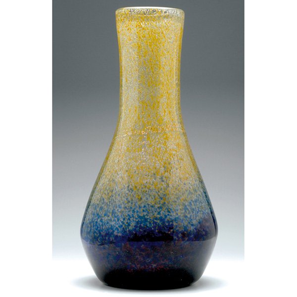 Muller Freres vase: Large Muller Freres vase, massive tapered form with gold and white flecks and a blue mottled bottom, 10"w x 21"h