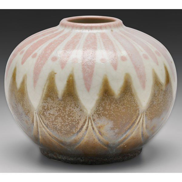 Emile Diffloth vase, round shape: Emile Diffloth vase, round shape with stylized designs in pink, white and green, marked, 5"w x 4"h, rare vase by an important artist