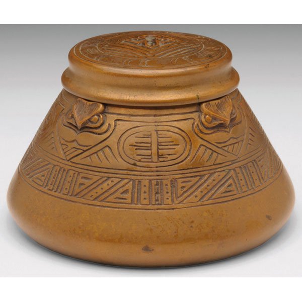 Tiffany Studios inkwell: Tiffany Studios inkwell, bronze in the American Indian pattern, lightly cleaned original patina, signed Tiffany Studios, New York, #1183, 5.5"w x 3.5"h
