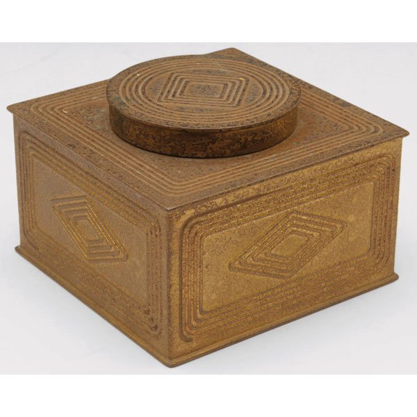 Tiffany Studios inkwell, bronze in the Graduate pa: Tiffany Studios inkwell, bronze in the Graduate pattern, original gold dore patina, signed Tiffany Studios, New York, #1801, 3.75"w x 2.5"h