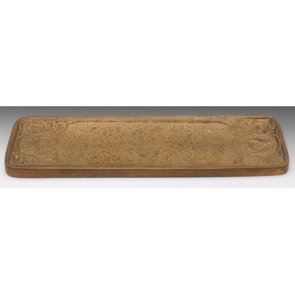 iffany Studios pen tray, bronze in the Zodiac: Tiffany Studios pen tray, bronze in the Zodiac pattern, original gold dore patina, signed Tiffany Studios, New York, #1000, 3.25"w x 10"l