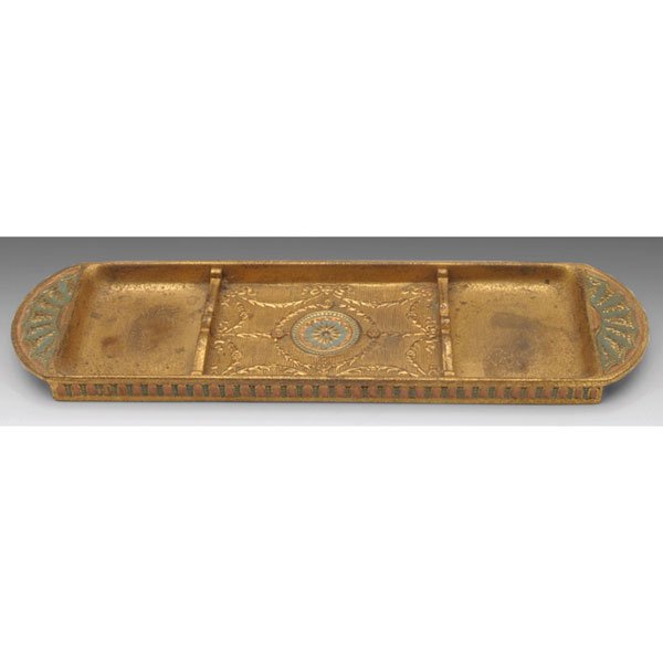 Tiffany Studios pen tray, bronze in the Adam: Tiffany Studios pen tray, bronze in the Adam pattern, original gold dore patina with colorful enameling, signed Tiffany Studios, New York, #1778, 3"w x 9.5"l
